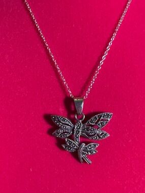 VTG Sterling-Style Marcasite Butterfly Pendant Necklace in Silver